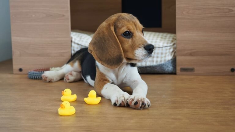 Beagle puppy Peachy playing with rubber duck toys